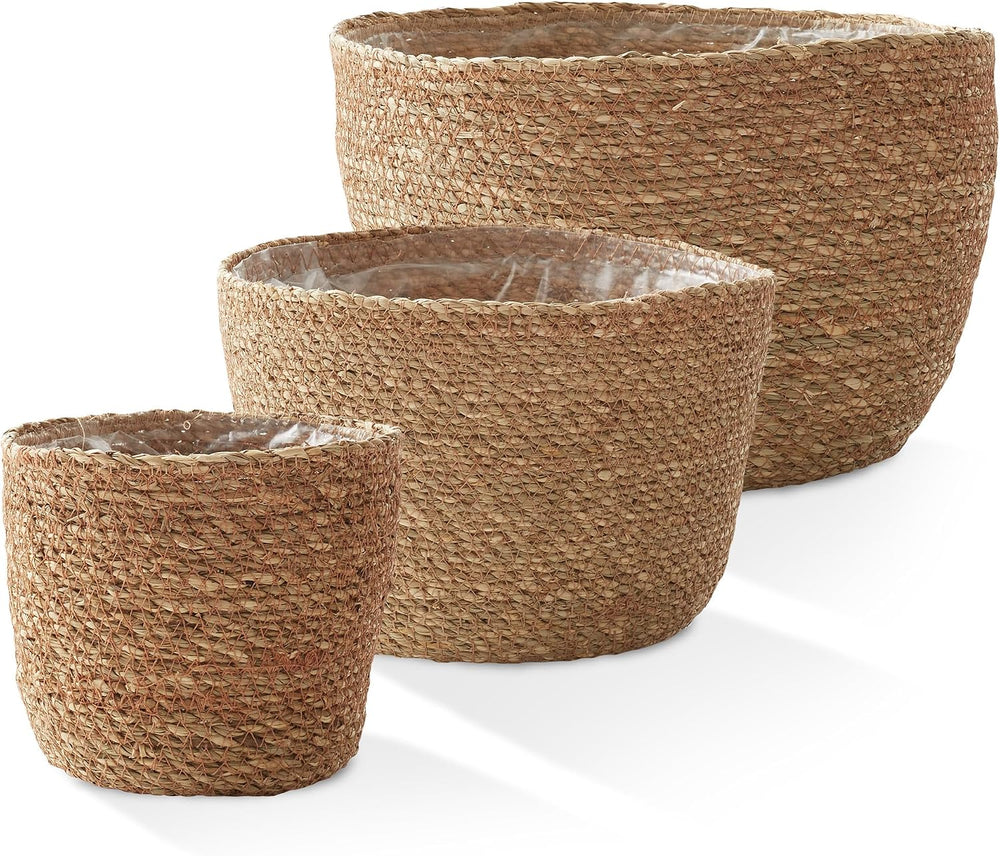 Casafield Set of 3 Seagrass Planter Baskets with Liners - Natural, Hand Woven...