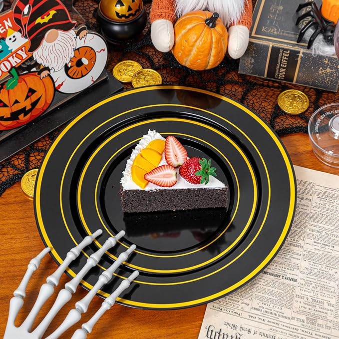 350 Pieces Black and Gold Plastic Plates with Disposable Silverware, Include ...