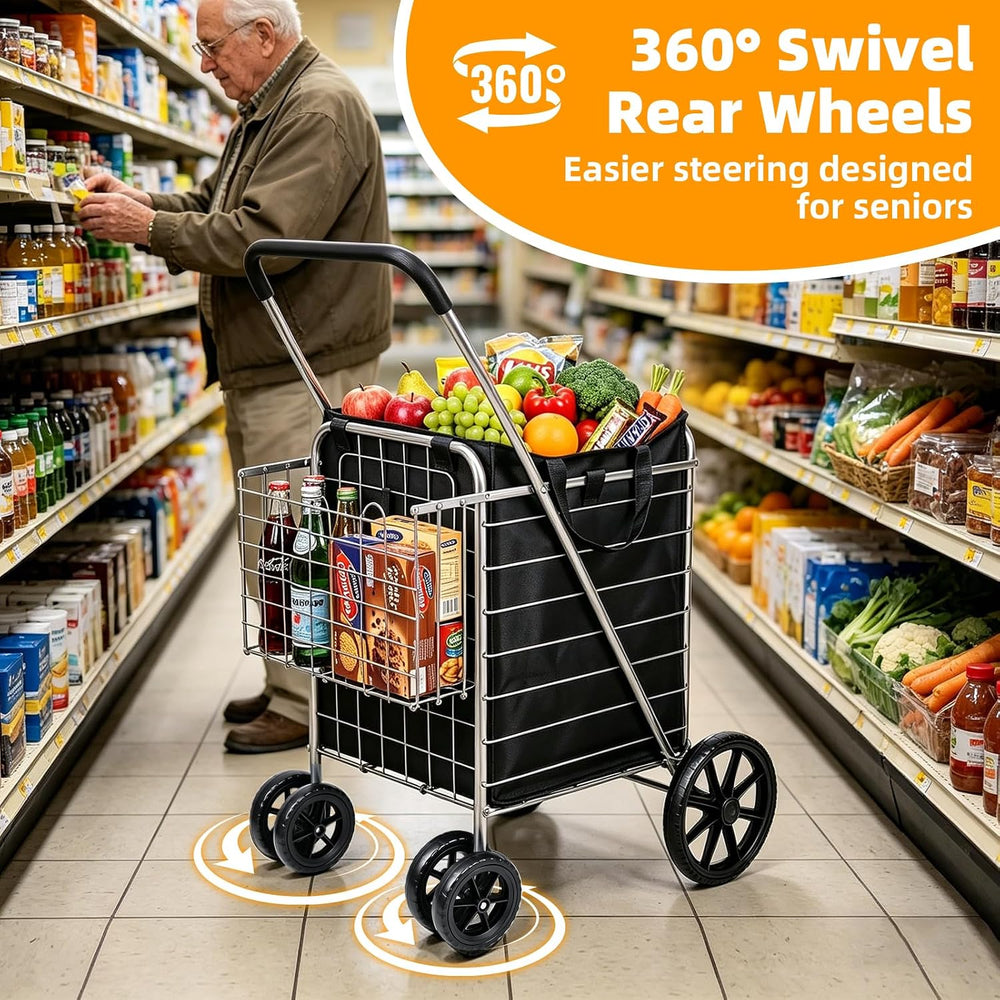 Folding Shopping Cart with Large Front Wheels, Grocery Cart with Waterproof L...