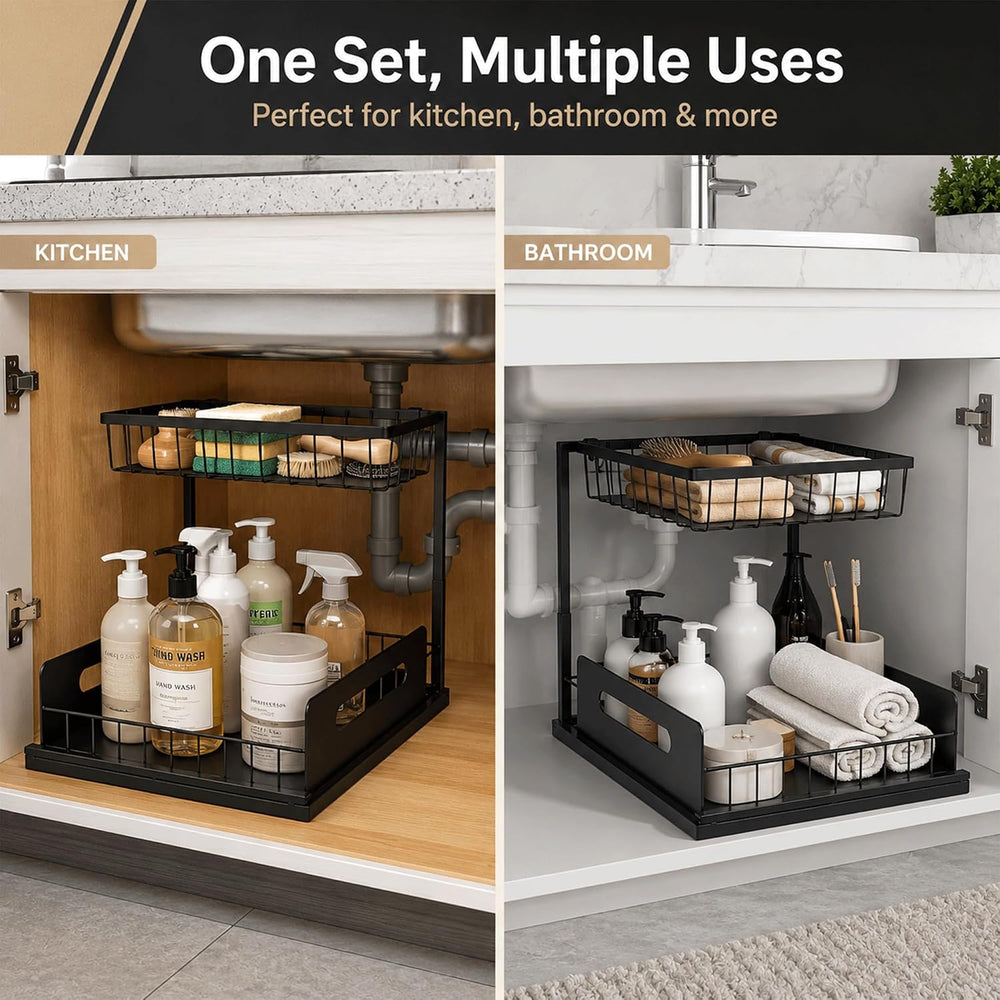 2-Tier Under Sink Organizer, Pull-Out Cabinet Storage Rack, Black, Adjustable...