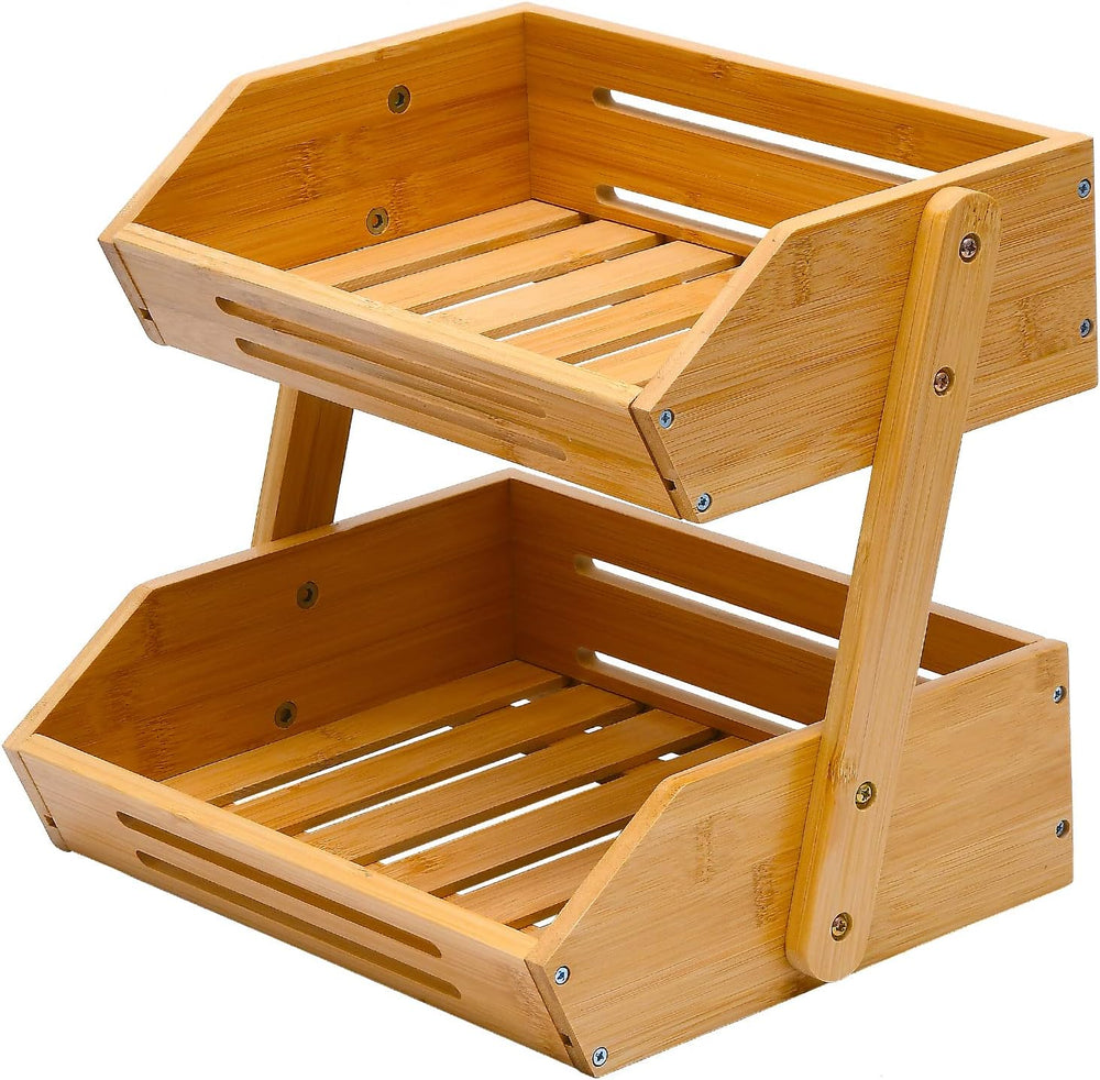 2-Tier Bamboo Fruit Basket - 11" Tall Kitchen Countertop Stand