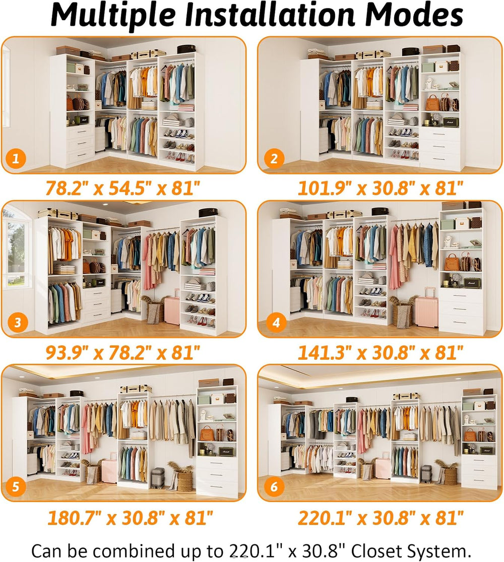 Closet Organizer System of 4 Sets with 3 Drawers, 9 Hanging Rods & 8 Shel...