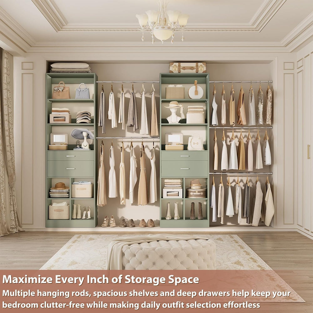 Besiost Closet System, 7.4ft-10ft with 4 Wooden Drawers and 5 Hanging Rods, C...