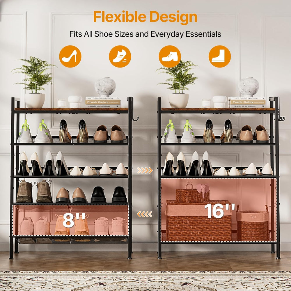 5 Tier Shoe Rack, Shoe Rack for Entryway with Hook, Shoe Organizer with Adjus...