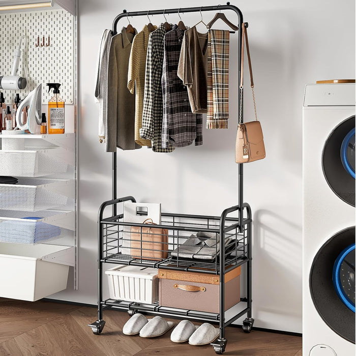 SUOERNUO Laundry Cart with Basket Hanging Rack Sorter with Wheels Shelf