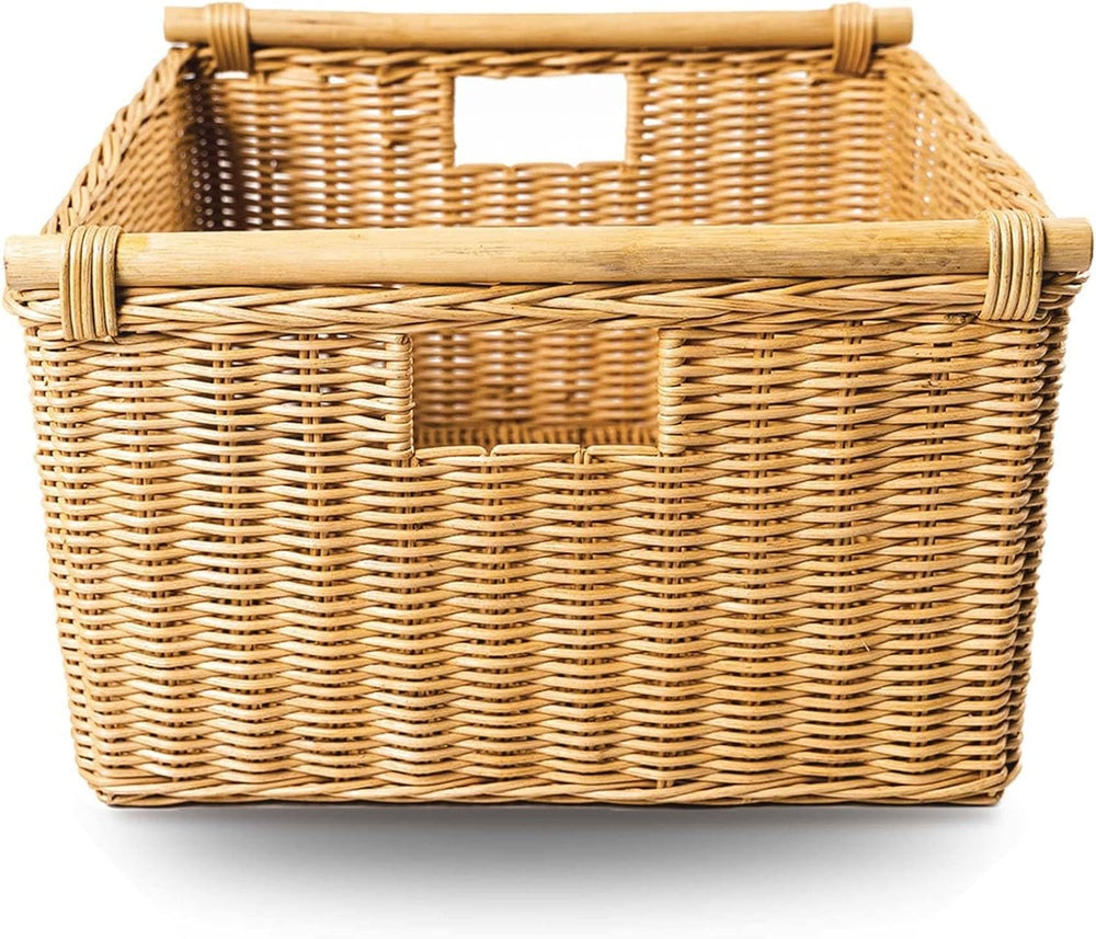 The Basket Lady Deep Pole Handle Wicker Storage Basket, M, Sandstone