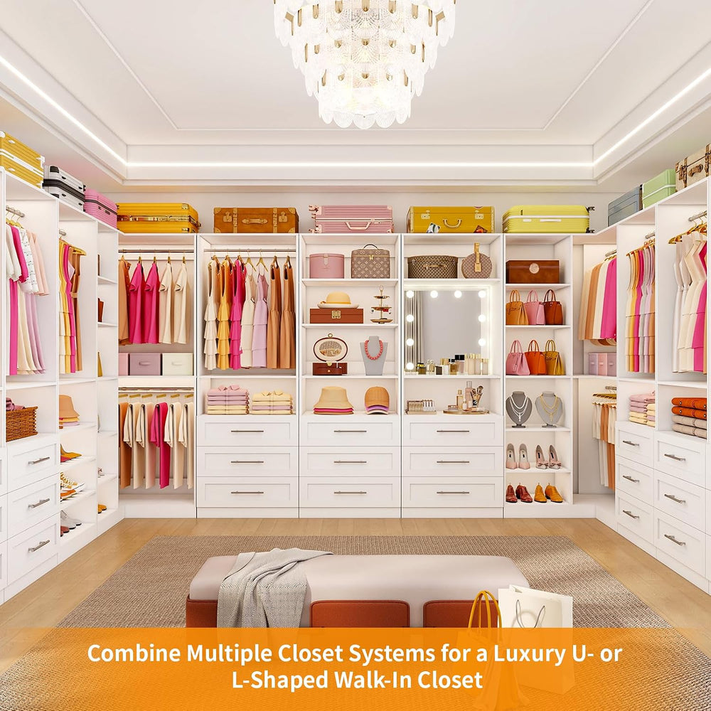 Closet Organizer System with 3 Drawers & HD LED Mirror, Modular Walk in C...
