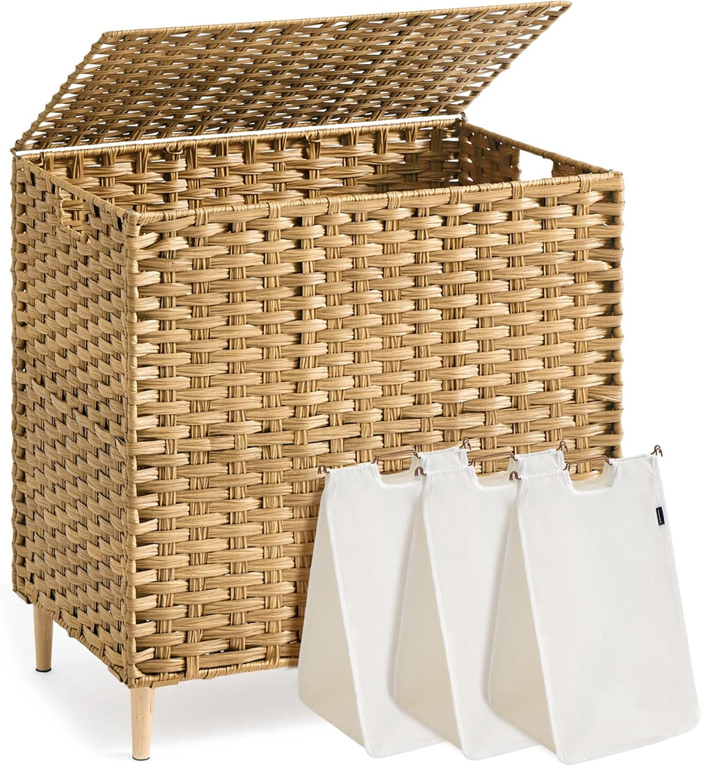 SONGMICS 3-Section Laundry Hamper with Lid, PE Rattan, 42 Gallons (160 L)