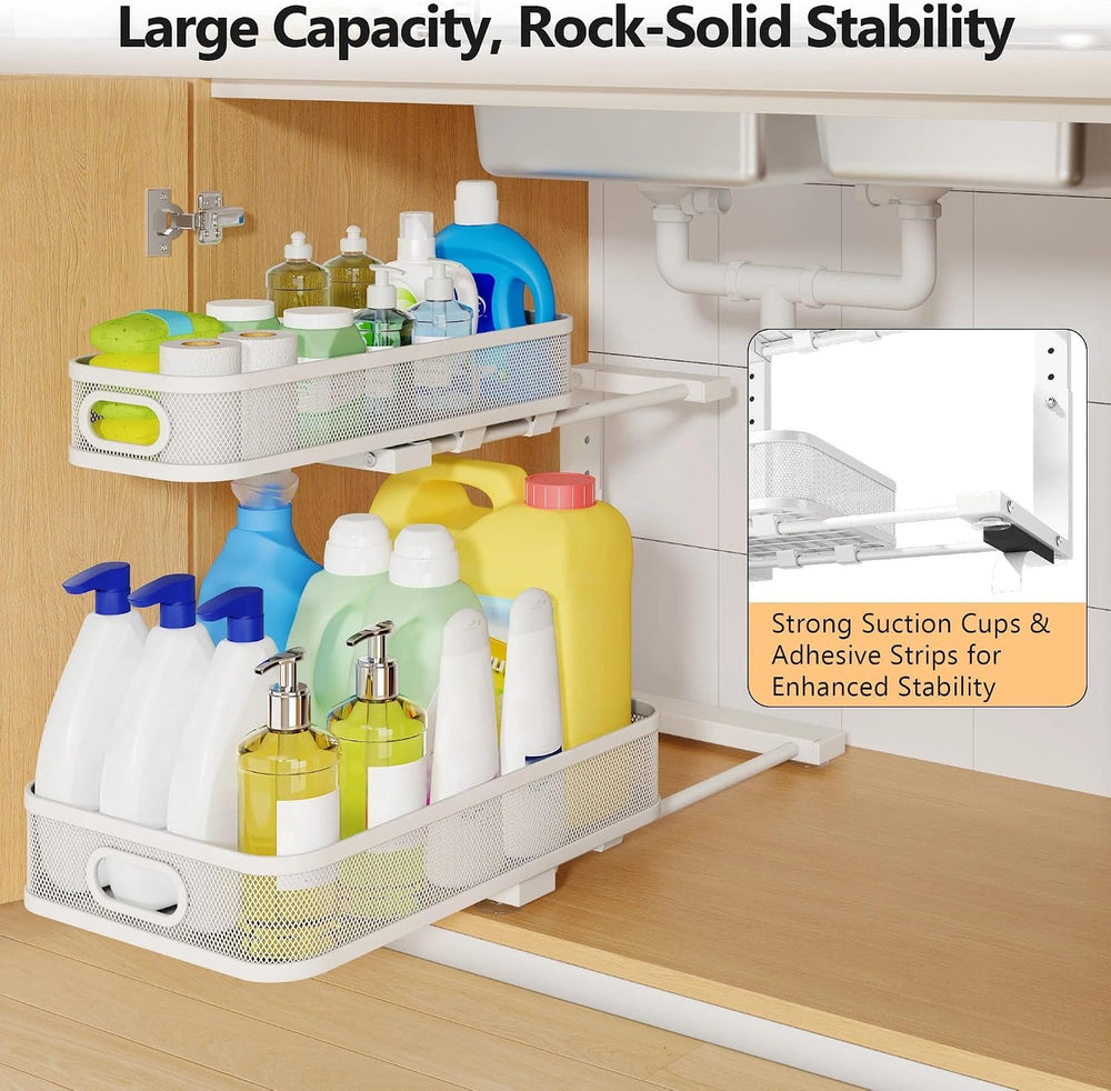 2 Pack Under Sink Organizer With Smooth Cylindrical Rail,2-Tier Pull Out Mult...