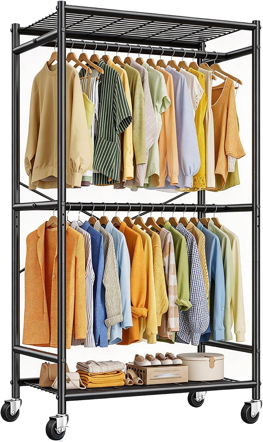 Raybee Clothes Rack, Rolling Portable Closet with Wheels, Double Rod 308LBS