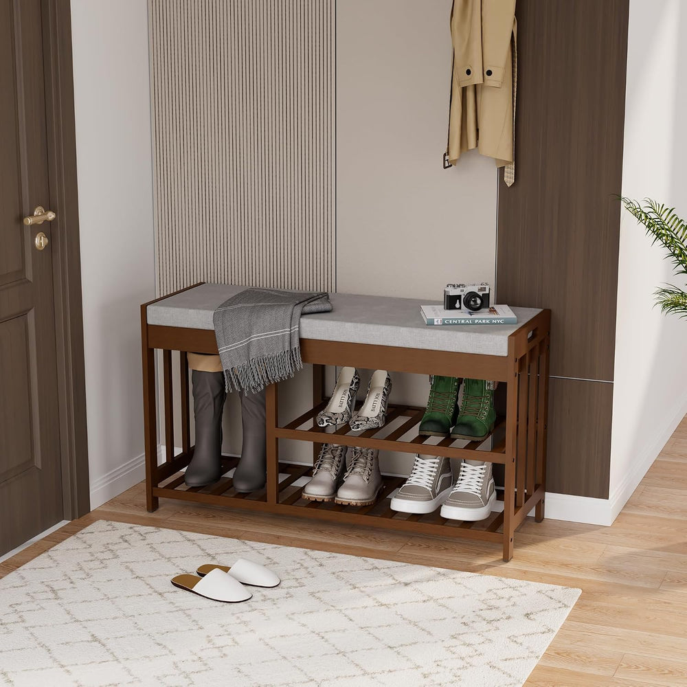 Bamboo Shoe Storage Bench with Cushioned Seat 3-Tier Entryway Shoe Rack