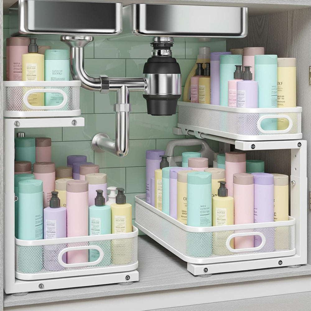 2 Pack Under Sink Organizer, Dual-Layer Pull Out Mesh Cabinet Rack with 5-Lev...
