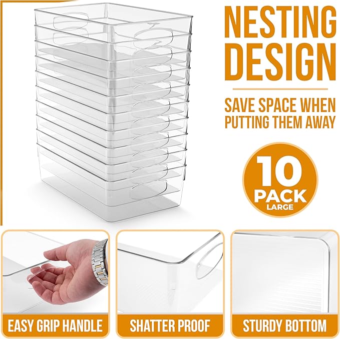 Sorbus Large Clear Plastic Storage Bins, 10 Pack Clear Organizer Bins