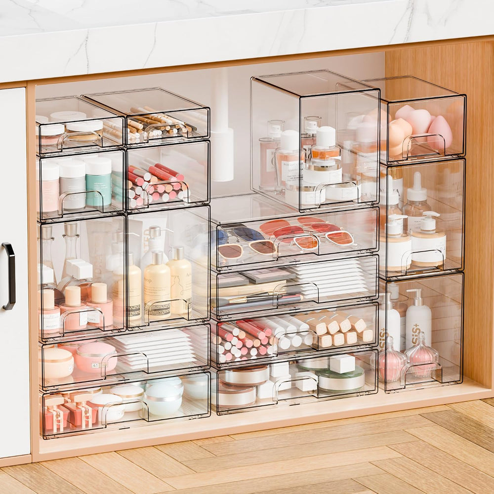 8 Pack Small Clear Stackable Storage Drawers,2.2'' Tall Desk Organiza...