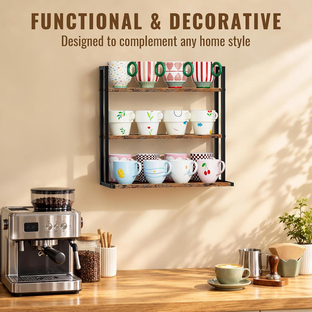 2-in-1 Coffee Cup Holder Wall Mounted, 6-Tier Wood Mug Holder Wall Mount with...
