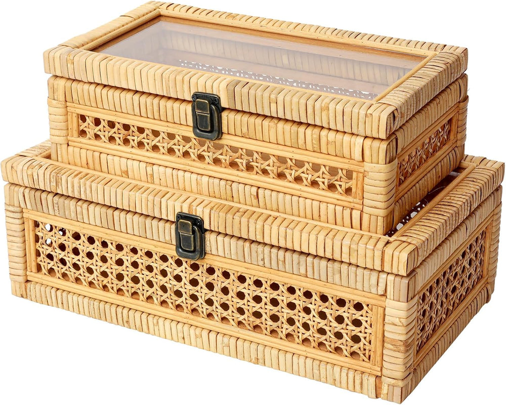DECOR4SEASON Rattan and Cane Stacking Boxes with Glass Top Lid - Set of 2 for...