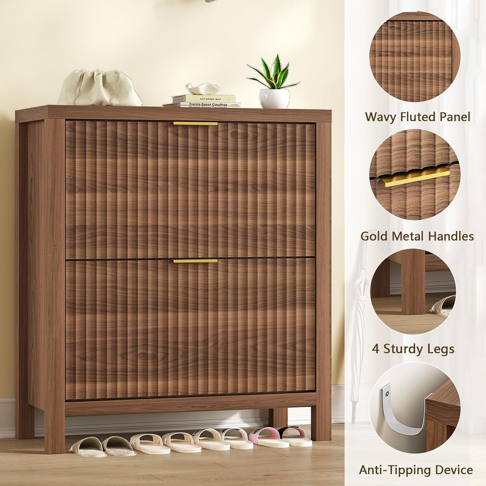 Fluted Shoe Cabinet Storage with 2 Flip Drawers for Entryway, Hallway