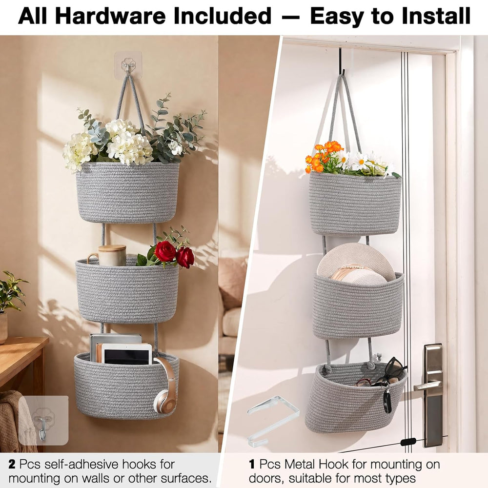 Hanging Baskets for Organizing 3-Tier Wall Basket Decor Light Gray