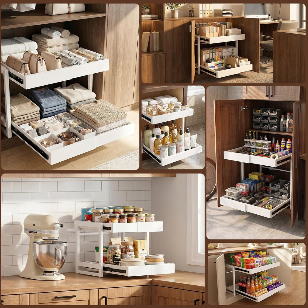 2-Tier Expandable Pullout Cabinet Organizer,Adjustable Width Metal Shelves