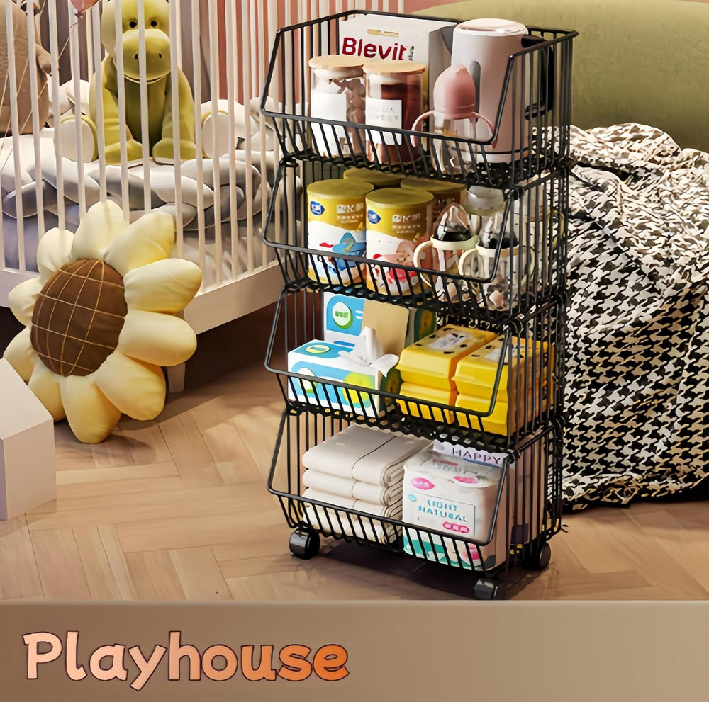 4 Tier Stackable Metal Wire Storage Baskets with Wheels, Fruit Vegetable Stor...