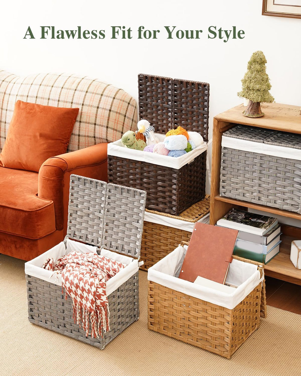 SETVSON Storage Basket with Lid, 2-Lid PE Rattan Storage Bin, Brown