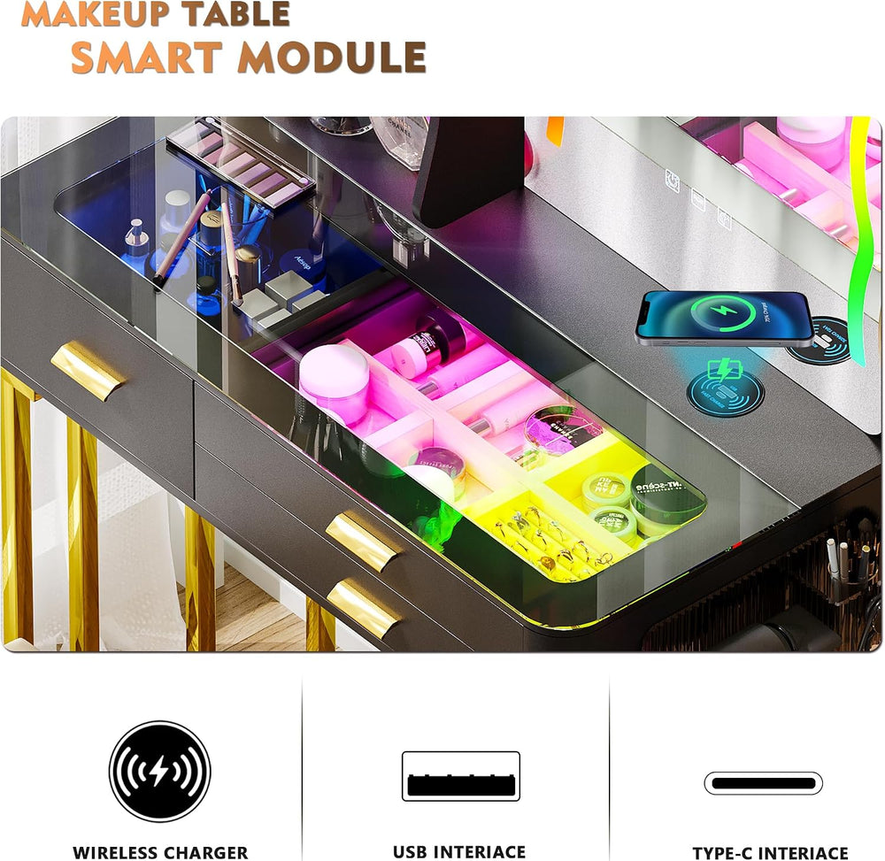 RGB Makeup Vanity Desk with Wireless Charging Station,7 Dynamic and 7 Static ...