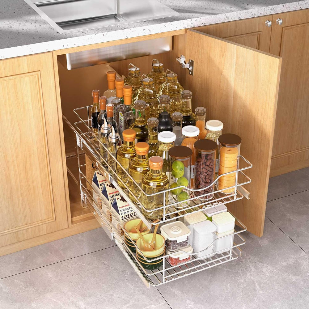 2 Tier Pull Out Cabinet Organizer,(11½"W x 22" D) Soft Close Slide ...