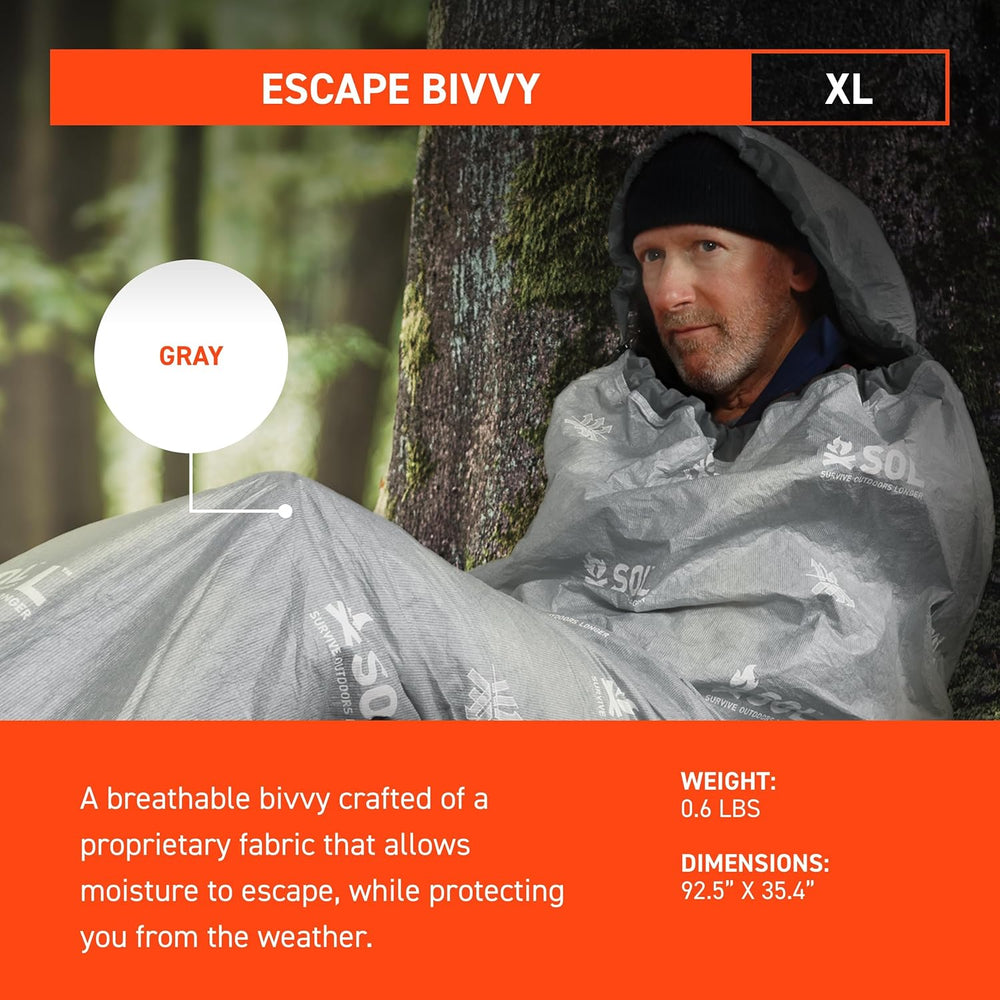 SOL Escape Bivvy XL with Hood, Reflects 70% Body Heat, Gray, 91" x 35"