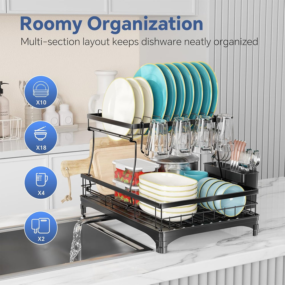 Simple Trending Dish Drying Rack, 2-Tier with Utensil Holder, Black