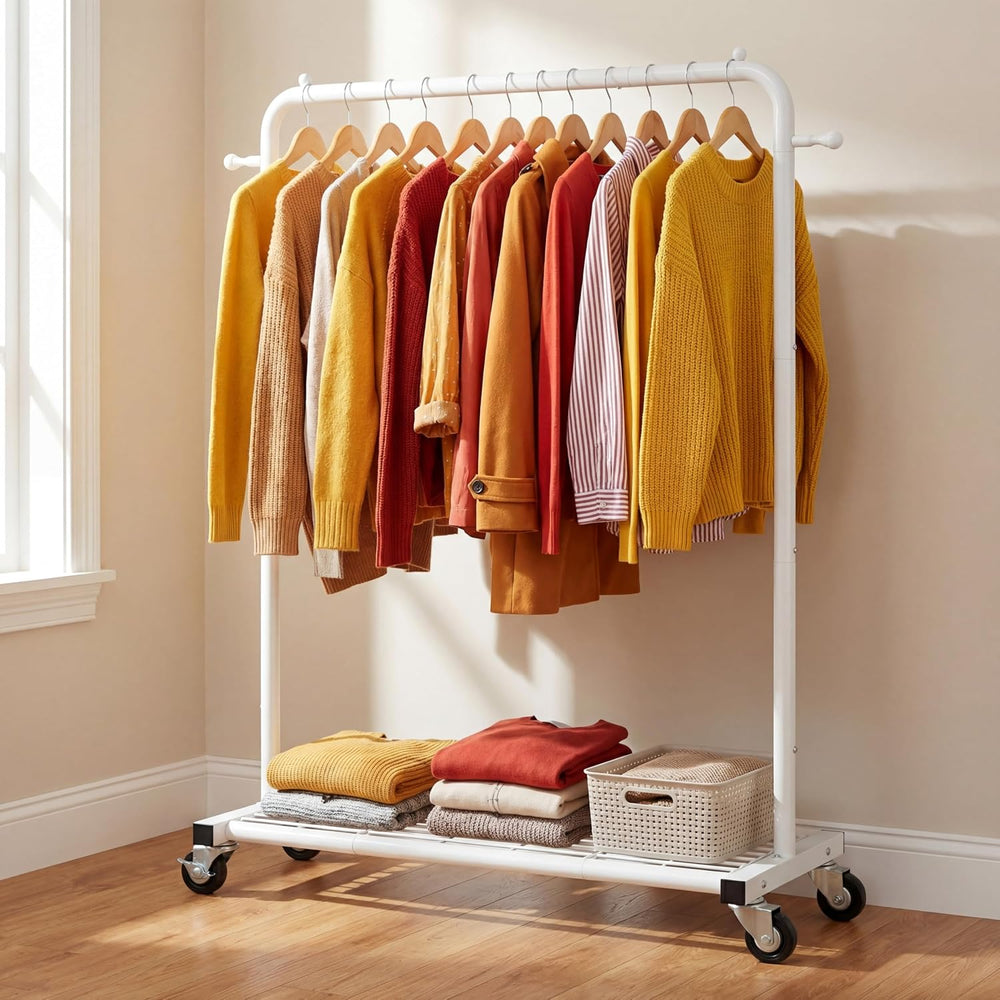 Sywhitta Metal Clothing Rack on Wheels with Mesh Shelf, for Clothes,White