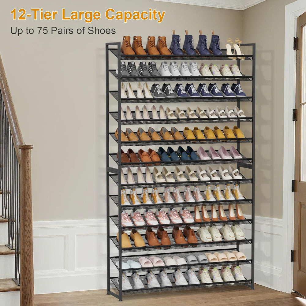 Large Shoe Rack 12 Tier Shoe Organizer, Heavy Duty Metal 6-Tier Stackable Sho...