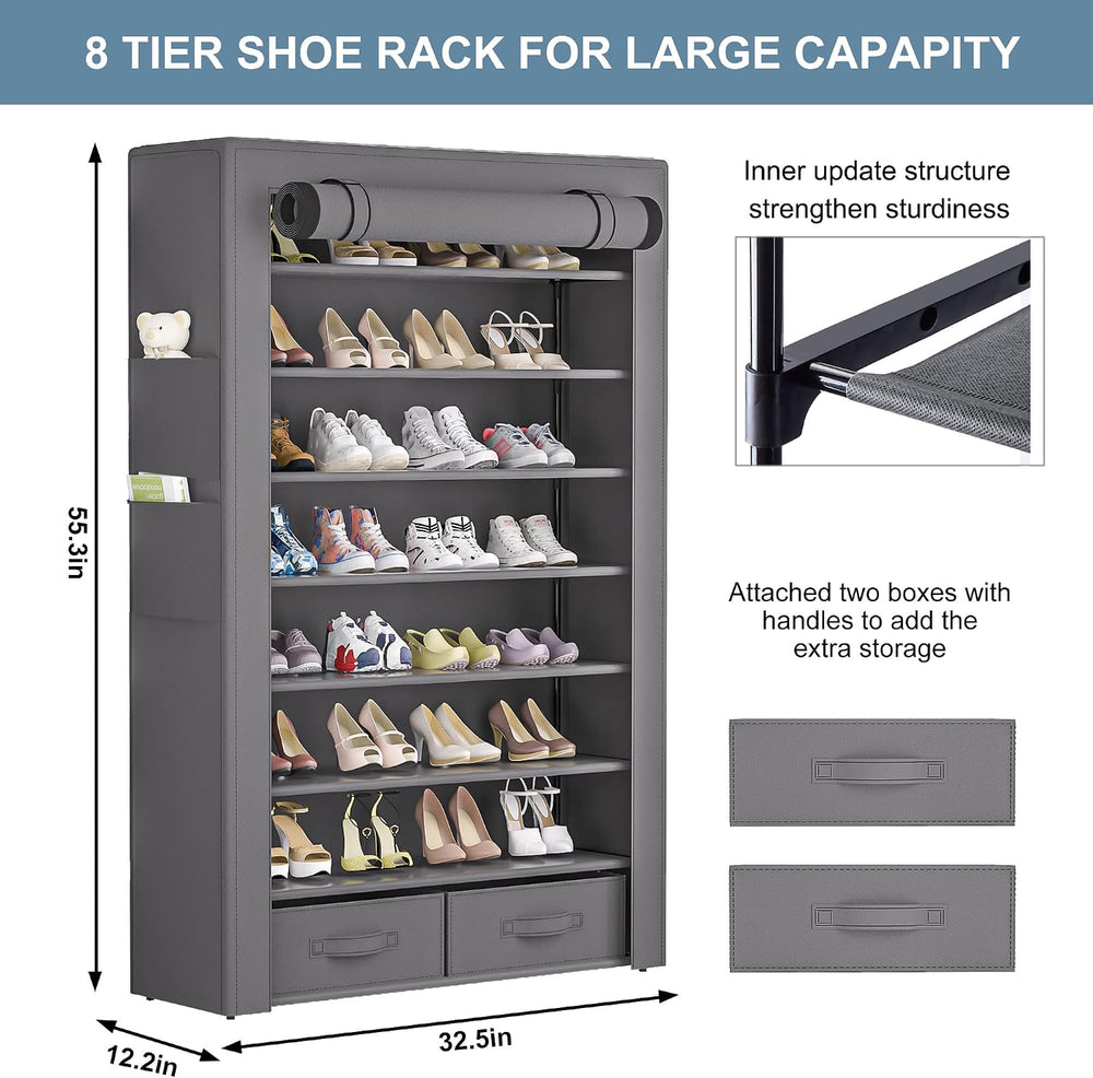 Shoe Rack Dustproof Sturdy 8Tier Tall Large Storage with Side Pocket