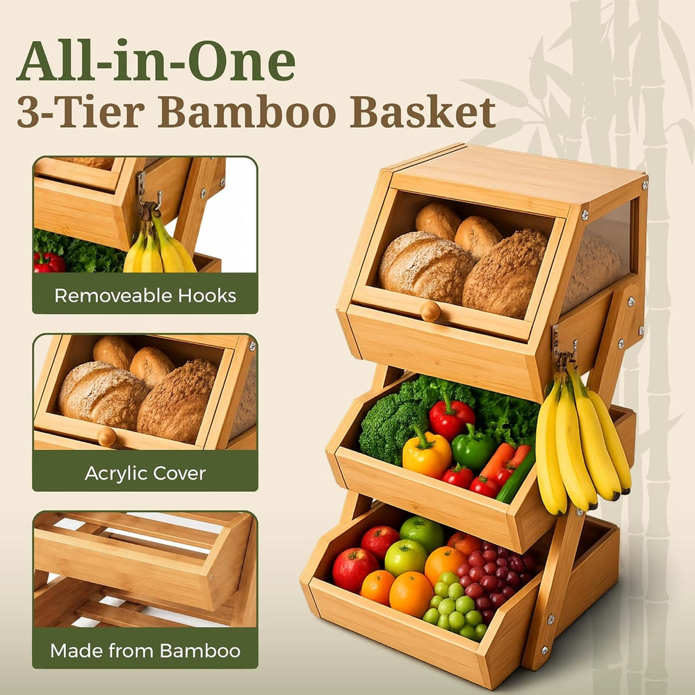 3-Tier Bamboo Basket with Preassembled Drawers, Acrylic Cover & Banana Ho...