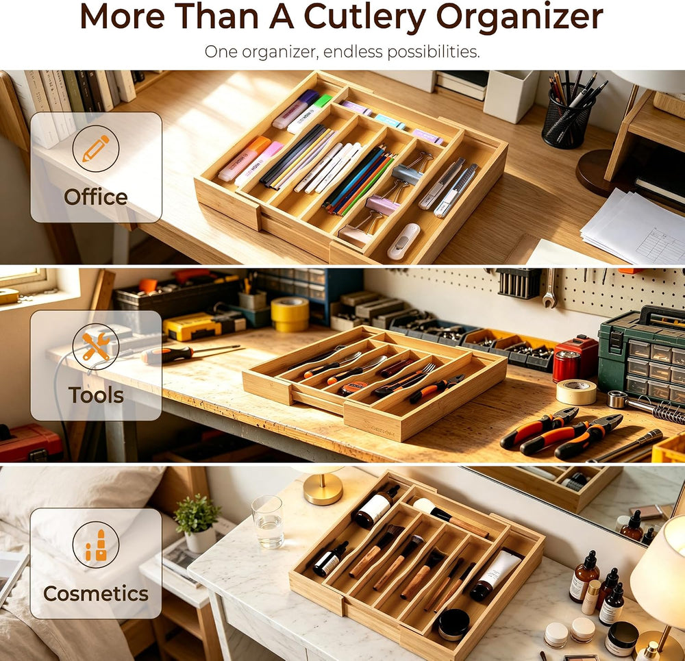 Expandable Bamboo Kitchen Drawer Organizer for Cutlery and Utensils, Adjustab...