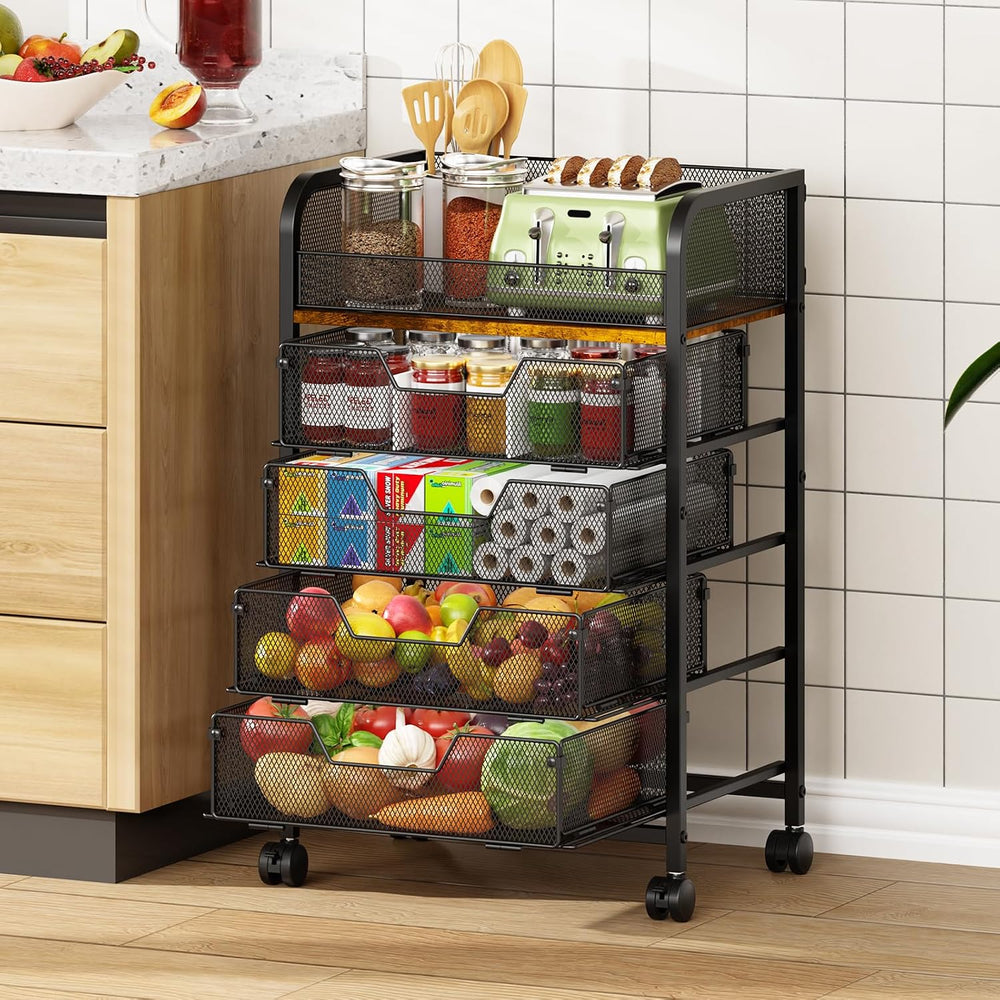 5-Tier Rolling Kitchen Cart with Drawers - Kitchen Storage Cart on Wheels,Pan...