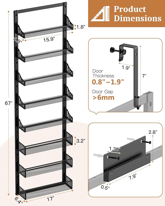 8-Tier Over the Door Pantry Organizer, Large Metal Door Spice Rack