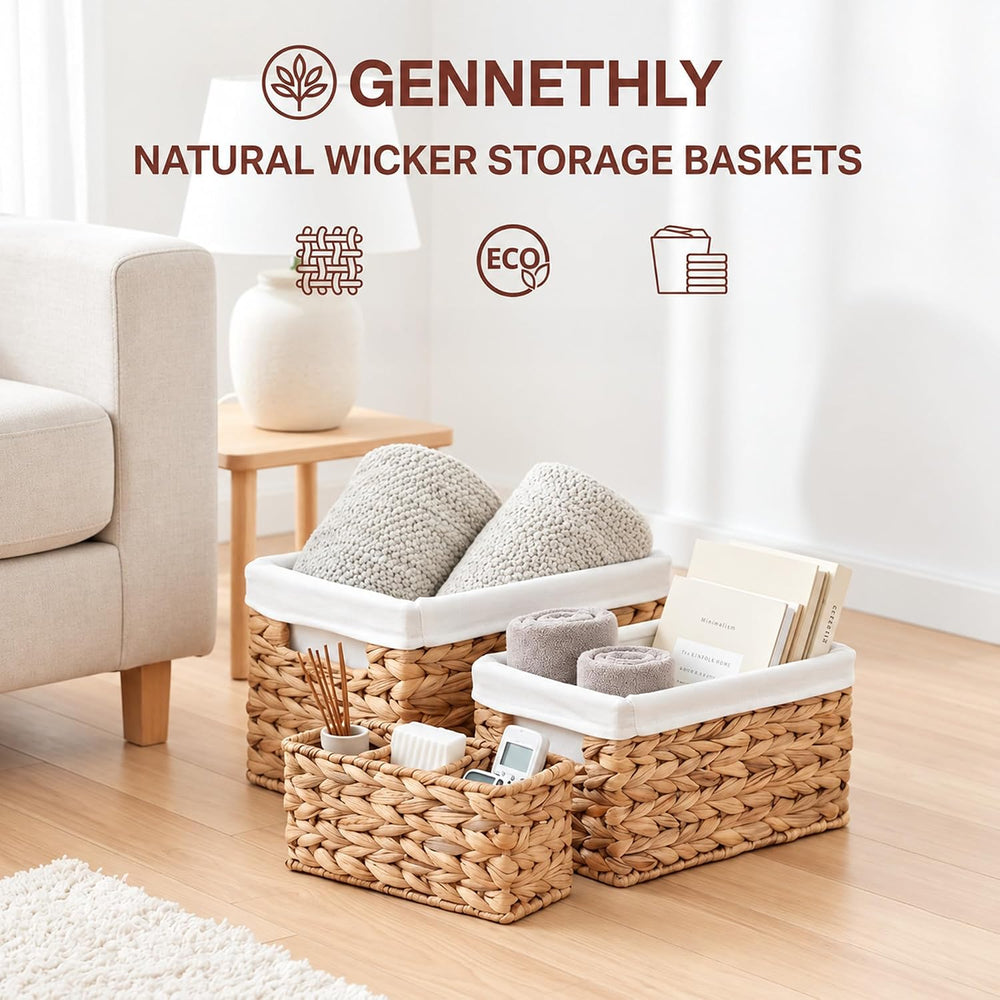 Wicker Basket, 3 Pack Wicker Storage Baskets for Shelves, Water Hyacinth