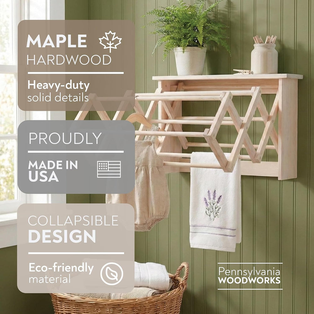 Extra Large Wall Clothes Drying Rack ~ Heavy Duty Solid Maple Hardwood, Foldi...