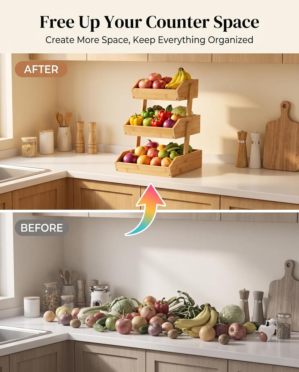 DEKAVA 3 Tier Bamboo Fruit and Vegetable Basket for Kitchen Counter