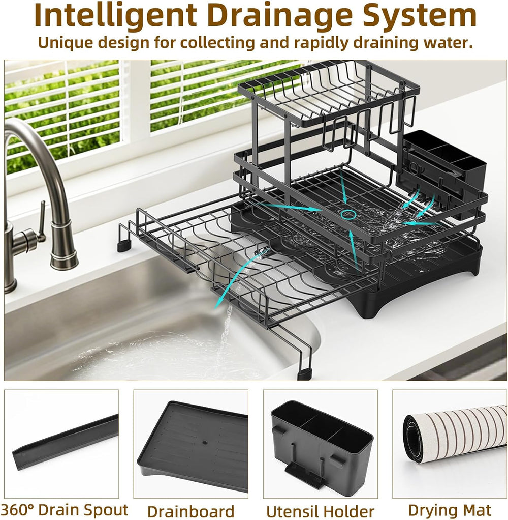 AULEEP 2-Tier Foldable Dish Drying Rack for Kitchen Counter Over the Sink