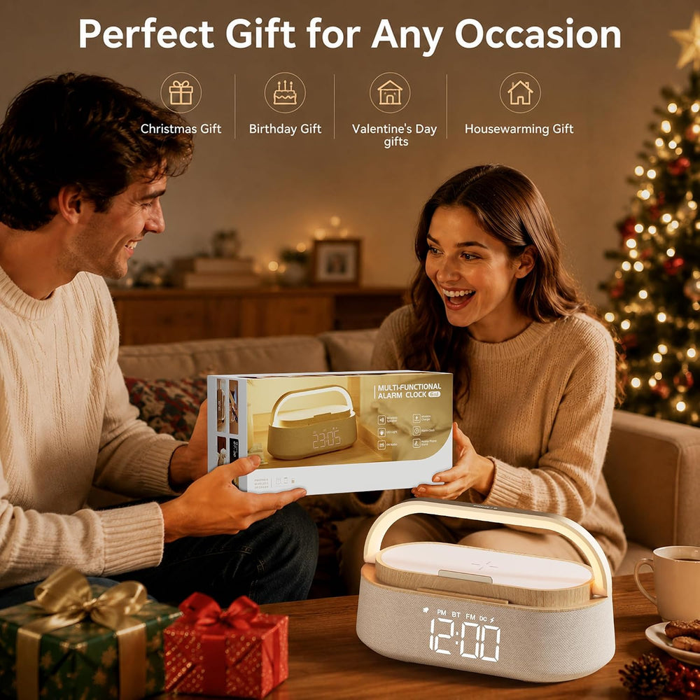 Alarm Clock Bedroom with Wireless Charger Bluetooth Speaker FM Radio Light