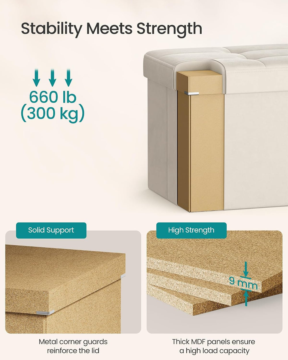 SONGMICS Foldable Storage Ottoman with Flipping Lid, 43.3 Inch Velvet Bench