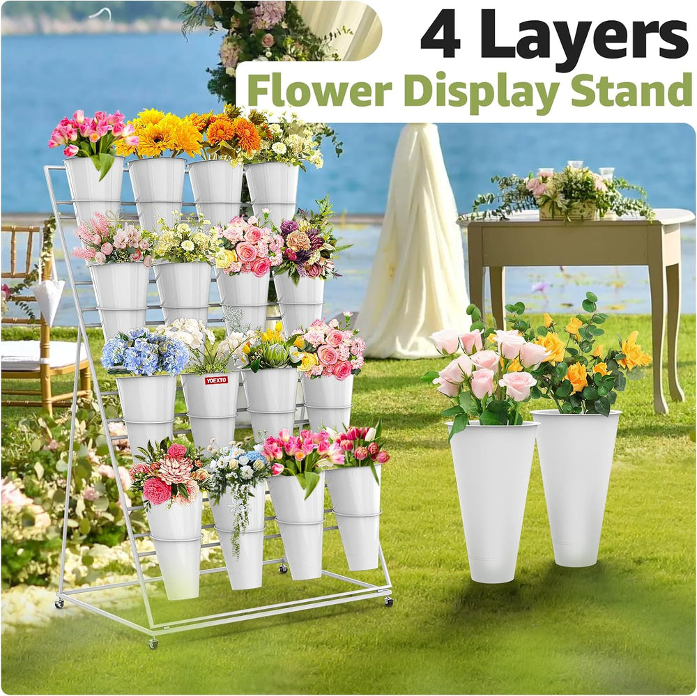 Flower Display Stand 4 Layers with 16 PCS Round Buckets, Plant Stand with Whe...
