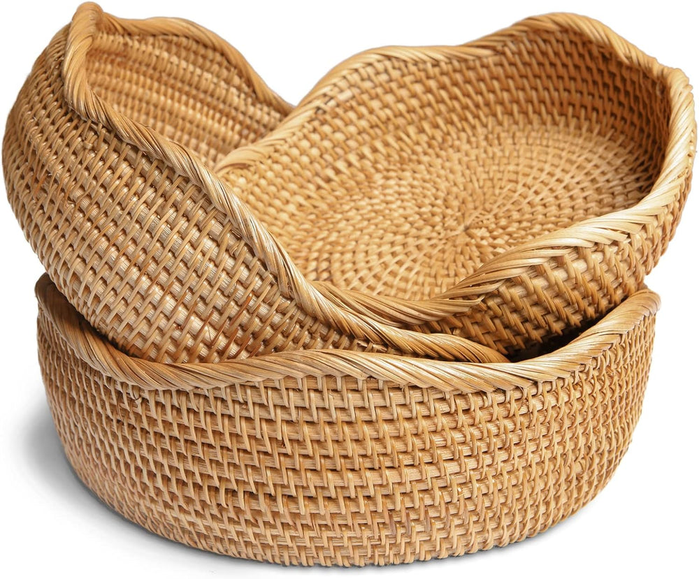 HITOMEN Handmade Rattan Bread Baskets Round Wicker Fruit Serving Storage Bowl...
