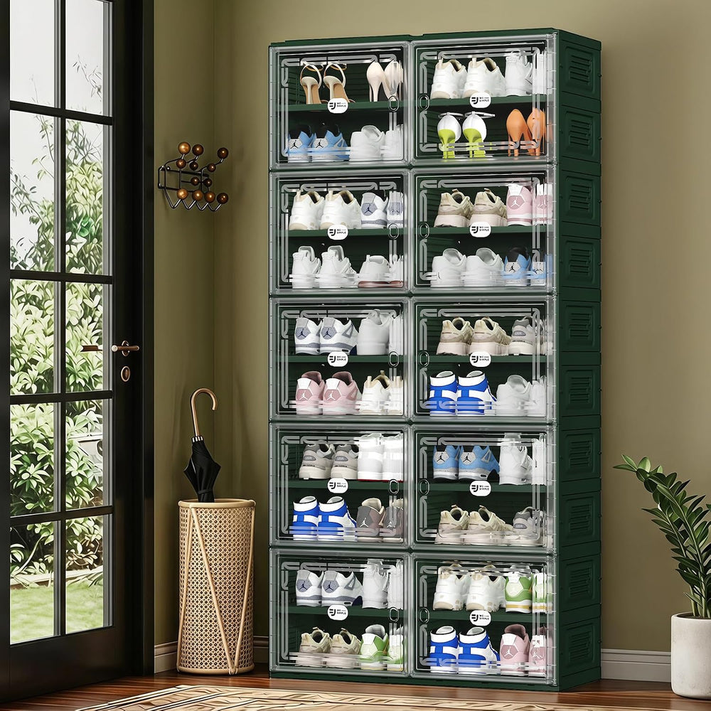 Green Foldable Shoe Storage Cabinet for 40 Pairs with Magnetic Clear Doors, P...