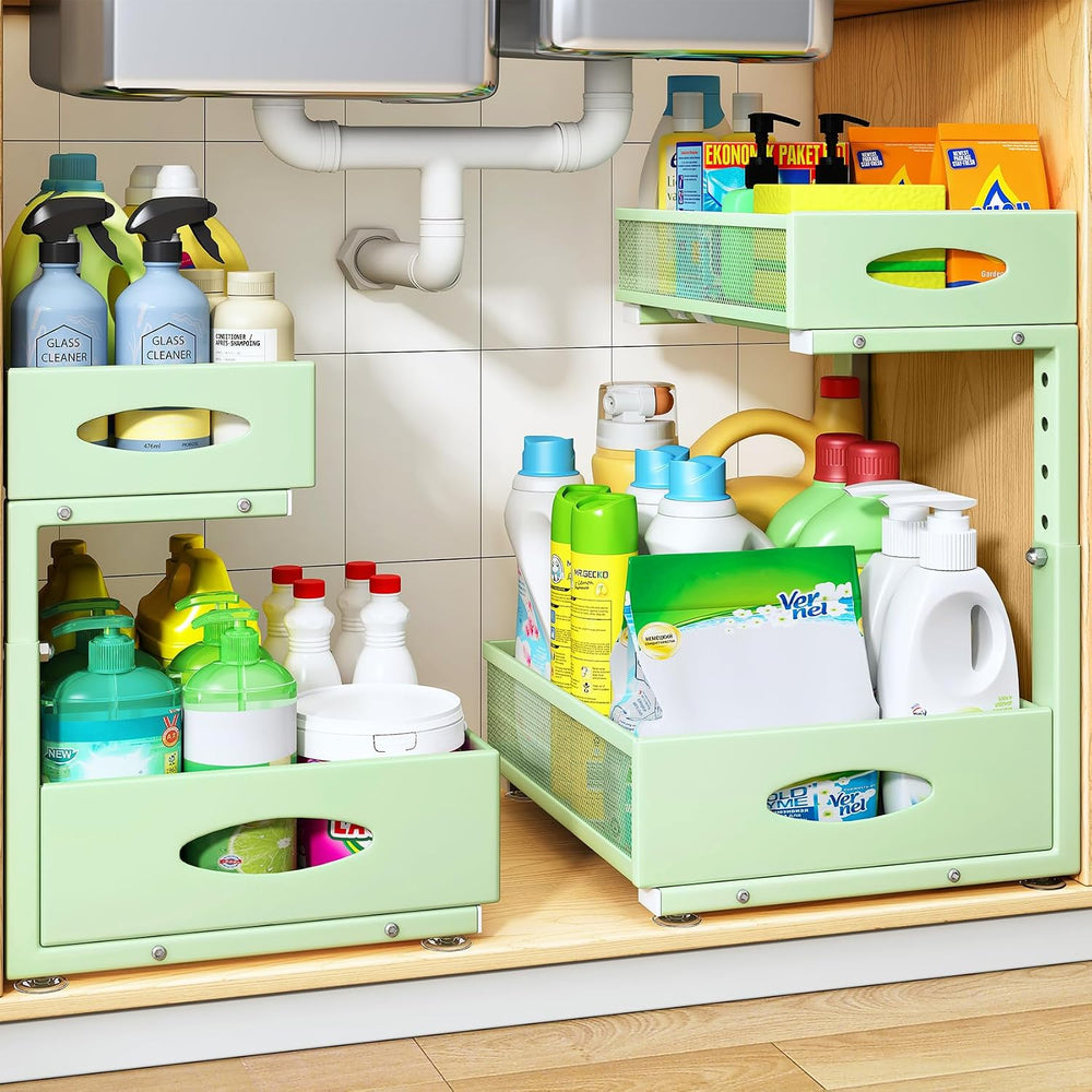 Under Sink Organizer, 2 Tier Pull Out Under Cabinet Organizer Shelf with Pad ...