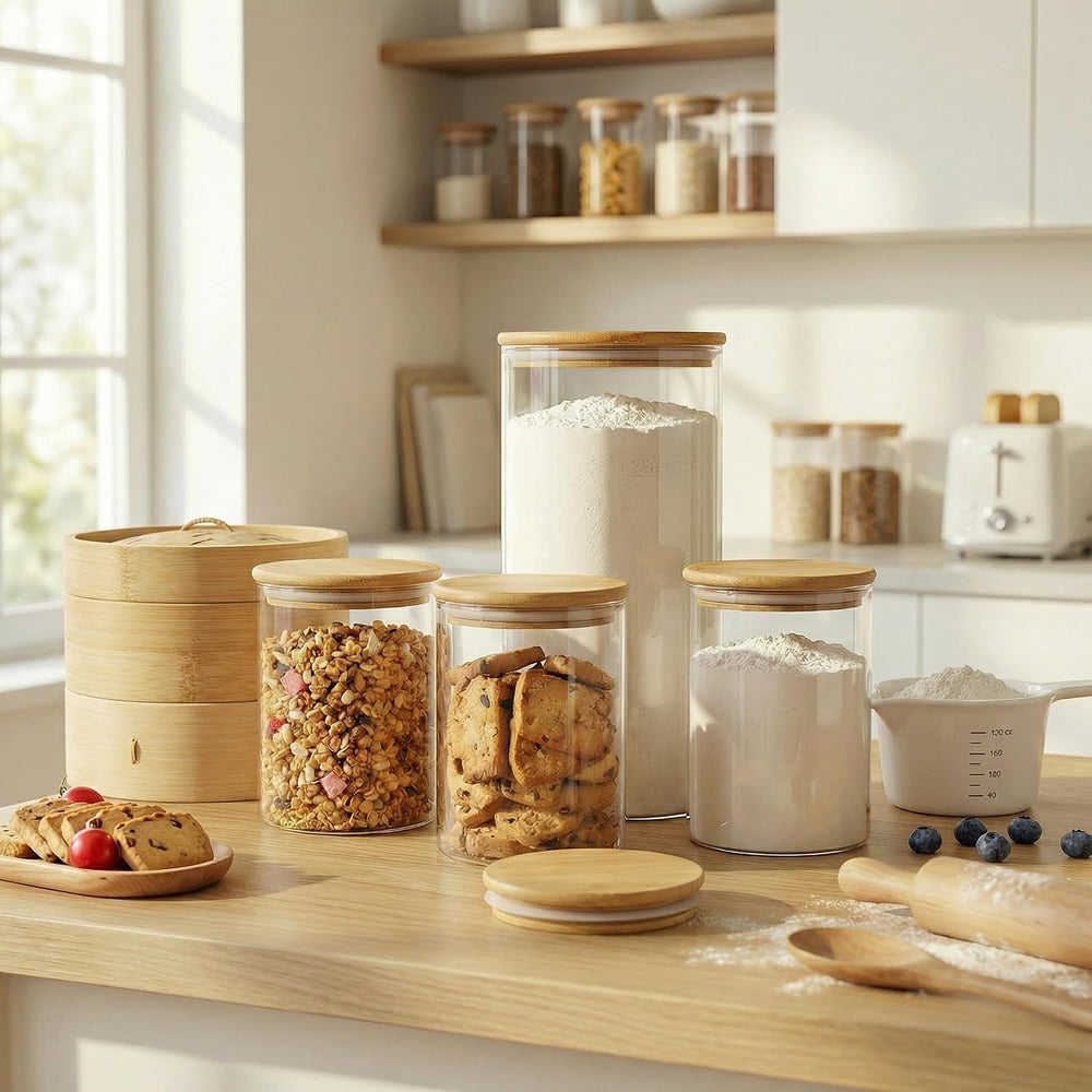 132oz Large Glass Storage Containers with Bamboo Lids for Flour & Sugar -2P