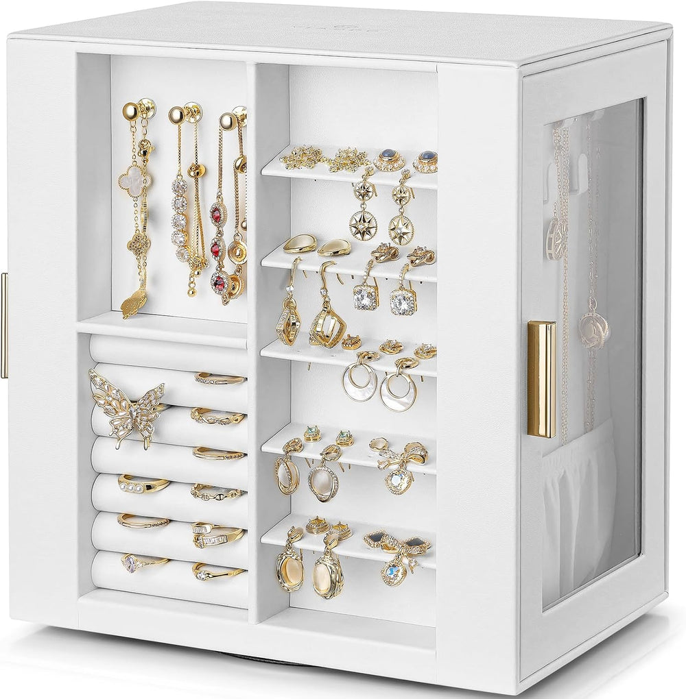 VLANDO 360°Rotating PU Leather Jewelry Box With 5 Drawers & Glass Window