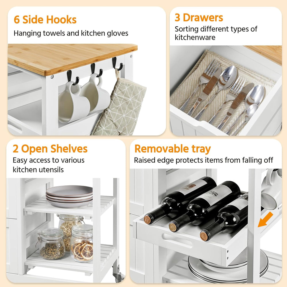 Yaheetech Kitchen Island Cart on Wheels with 3 Drawers and 3 Shelves, White