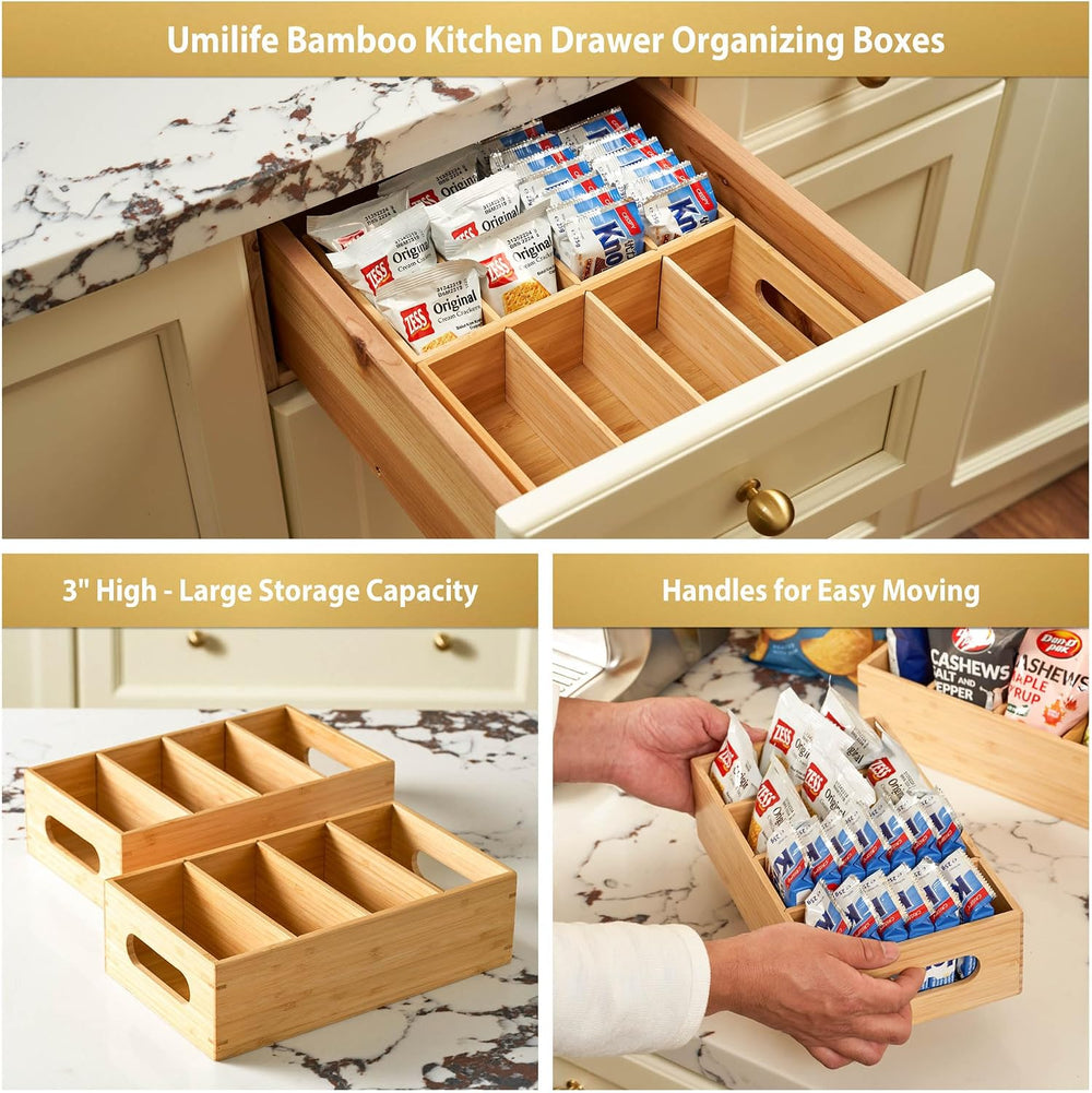 Umilife Large Bamboo Pantry Organizers and Storage Bins with Removable Divide...